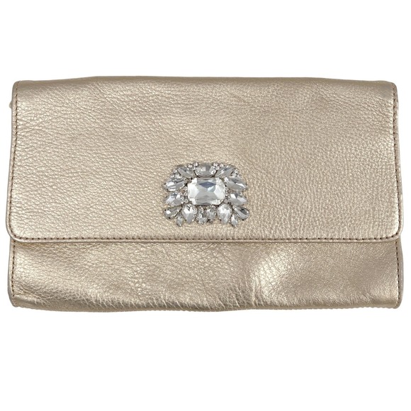 Lilly Pulitzer Gold Metallic Leather Crystal Brooch Clutch Bag Evening Purse